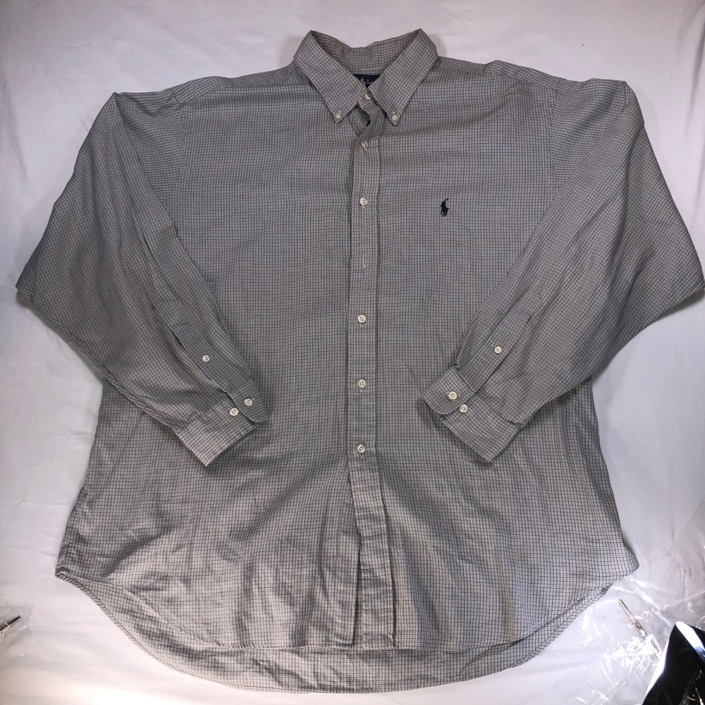 Ralph Lauren Yarmouth Mens 18 36/37 Grey Black Micro Check Button Down Shirt